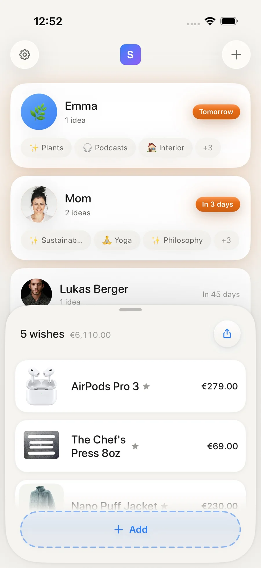 Stashy showing saved people with their interests and a shared wishlist