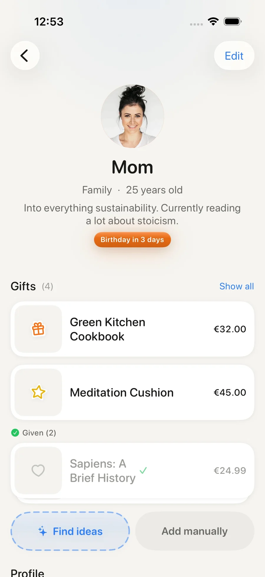 A person profile in Stashy with interests, a note, a birthday countdown and saved gift ideas